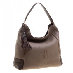 Pre Owned Carolina Herrera Khaki and Brown Leather Tassel Hobo