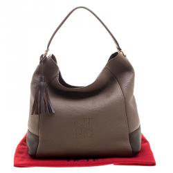 Pre Owned Carolina Herrera Khaki and Brown Leather Tassel Hobo