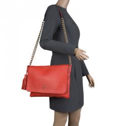 Pre Owned Carolina Herrera Red Pebbled Leather Flap Shoulder Bag