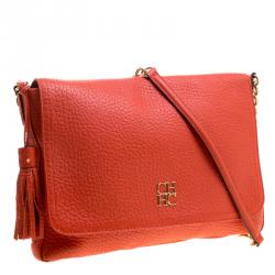 Pre Owned Carolina Herrera Red Pebbled Leather Flap Shoulder Bag