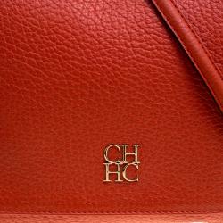 Pre Owned Carolina Herrera Red Pebbled Leather Flap Shoulder Bag