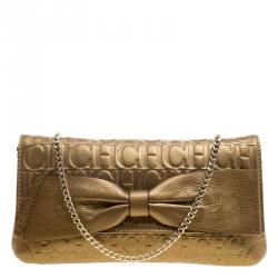 Pre Owned Carolina Herrera Gold Monogram Leather Bow Bag