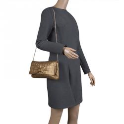 Pre Owned Carolina Herrera Gold Monogram Leather Bow Bag