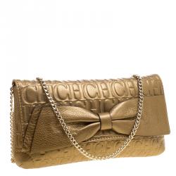 Pre Owned Carolina Herrera Gold Monogram Leather Bow Bag