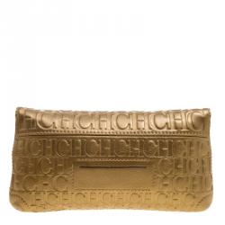 Pre Owned Carolina Herrera Gold Monogram Leather Bow Bag