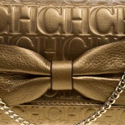 Pre Owned Carolina Herrera Gold Monogram Leather Bow Bag