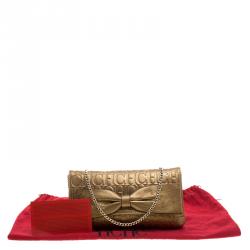 Pre Owned Carolina Herrera Gold Monogram Leather Bow Bag