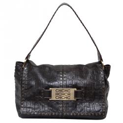 Pre Owned Carolina Herrera Dark Brown Monogram Embossed Leather Studded Shoulder Bag