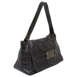 Pre Owned Carolina Herrera Dark Brown Monogram Embossed Leather Studded Shoulder Bag