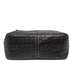 Pre Owned Carolina Herrera Dark Brown Monogram Embossed Leather Studded Shoulder Bag