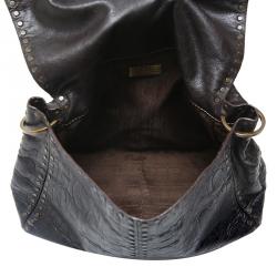 Pre Owned Carolina Herrera Dark Brown Monogram Embossed Leather Studded Shoulder Bag