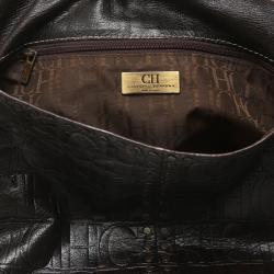 Pre Owned Carolina Herrera Dark Brown Monogram Embossed Leather Studded Shoulder Bag