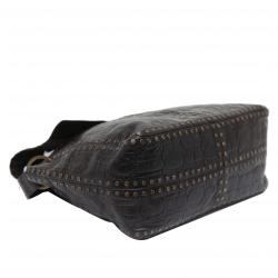 Pre Owned Carolina Herrera Dark Brown Monogram Embossed Leather Studded Shoulder Bag