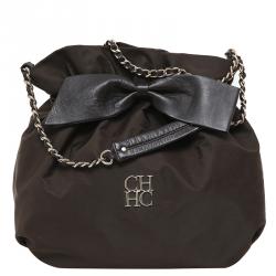 Pre Owned Carolina Herrera Dark Brown Nylon Drawstring Shoulder Bag