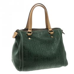 Carolina Herrera Green Monogram Leather Andy Boston Bag