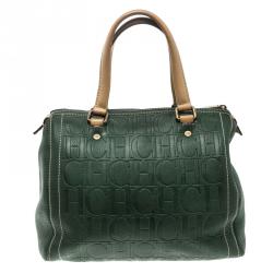 Carolina Herrera Green Monogram Leather Andy Boston Bag