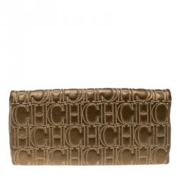 Pre Owned Carolina Herrera Bronze Monogram Leather Jerry Clutch