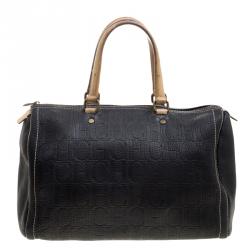 Carolina Herrera Black Monogram Leather Large Andy Boston Bag