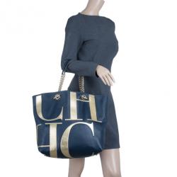 Pre Owned Carolina Herrera Blue Leather Logo Tote