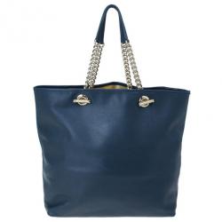 Pre Owned Carolina Herrera Blue Leather Logo Tote