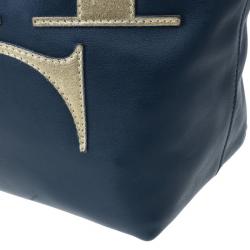 Pre Owned Carolina Herrera Blue Leather Logo Tote