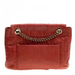 Pre Owned Carolina Herrera Red Monogram Leather Audrey Shoulder Bag