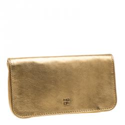 Pre Owned Carolina Herrera Gold Leather Flap Clutch