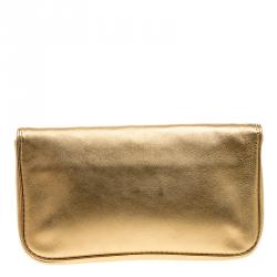 Pre Owned Carolina Herrera Gold Leather Flap Clutch