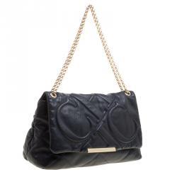 Pre Owned Carolina Herrera Navy Blue Quilted Leather Flap Chain Shoulder Bag
