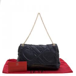 Pre Owned Carolina Herrera Navy Blue Quilted Leather Flap Chain Shoulder Bag
