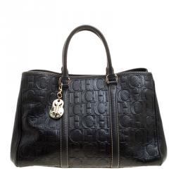 Pre Owned Carolina Herrera Black Monogram Leather Matteo Tote