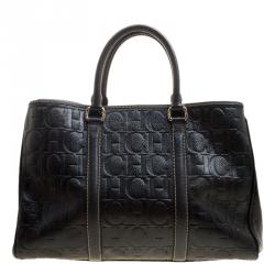 Pre Owned Carolina Herrera Black Monogram Leather Matteo Tote