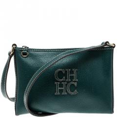 Pre Owned Carolina Herrera Green Leather Logo CH Crossbody
