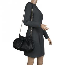 Pre Owned Carolina Herrera Black Monogram Leather Drawstring Shoulder Bag