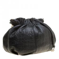 Pre Owned Carolina Herrera Black Monogram Leather Drawstring Shoulder Bag