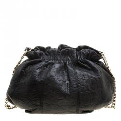 Pre Owned Carolina Herrera Black Monogram Leather Drawstring Shoulder Bag