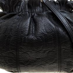 Pre Owned Carolina Herrera Black Monogram Leather Drawstring Shoulder Bag