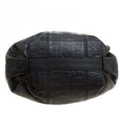 Pre Owned Carolina Herrera Black Monogram Leather Drawstring Shoulder Bag