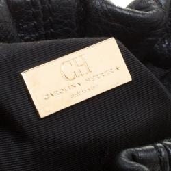 Pre Owned Carolina Herrera Black Monogram Leather Drawstring Shoulder Bag