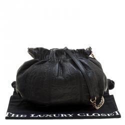 Pre Owned Carolina Herrera Black Monogram Leather Drawstring Shoulder Bag