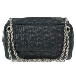 Pre Owned Carolina Herrera Black Leather Monogram Shoulder Bag