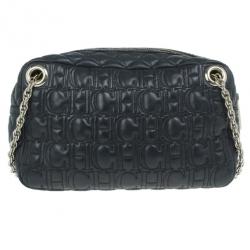 Pre Owned Carolina Herrera Black Leather Monogram Shoulder Bag