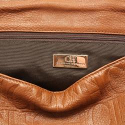 Pre Owned Carolina Herrera Brown Monogram Embossed Leather Flap Satchel Bag