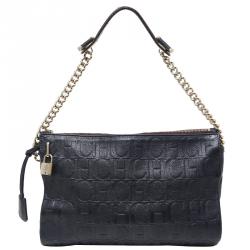 Carolina Herrera Black Monogram Embossed Leather Chain Shoulder Bag