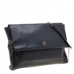 Pre Owned Carolina Herrera Navy Blue Leather Flap Shoulder Bag