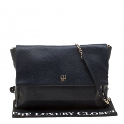 Pre Owned Carolina Herrera Navy Blue Leather Flap Shoulder Bag