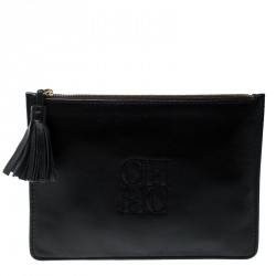 Pre Owned Carolina Herrera Black Leather Tassel Clutch