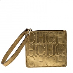 Pre Owned Carolina Herrera Gold Monogram Leather Wristlet Pouch