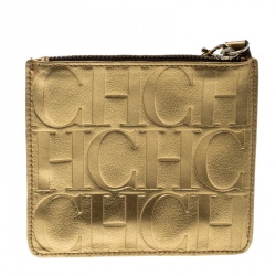 Pre Owned Carolina Herrera Gold Monogram Leather Wristlet Pouch