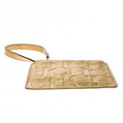 Pre Owned Carolina Herrera Gold Monogram Leather Wristlet Pouch